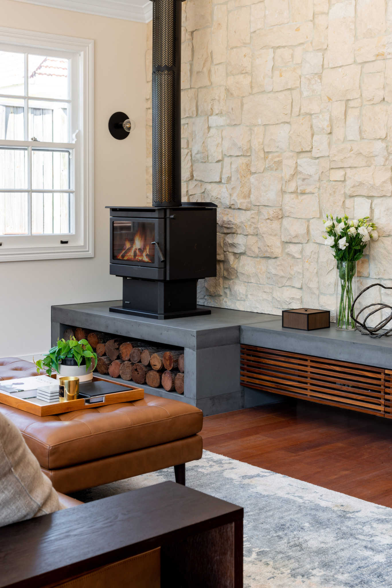 Living room with unique wall rocks