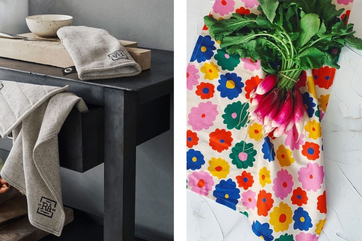 Left: Kitchen Towels by Ra Right: Flower Kitchen Towel by Slow Down Studio